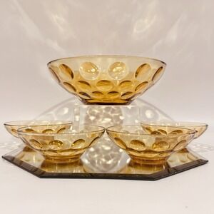 Vintage Hazel Atlas Amber Glass‎ Eldorado Dot 5pc Serving Bowl Set Retro Mod